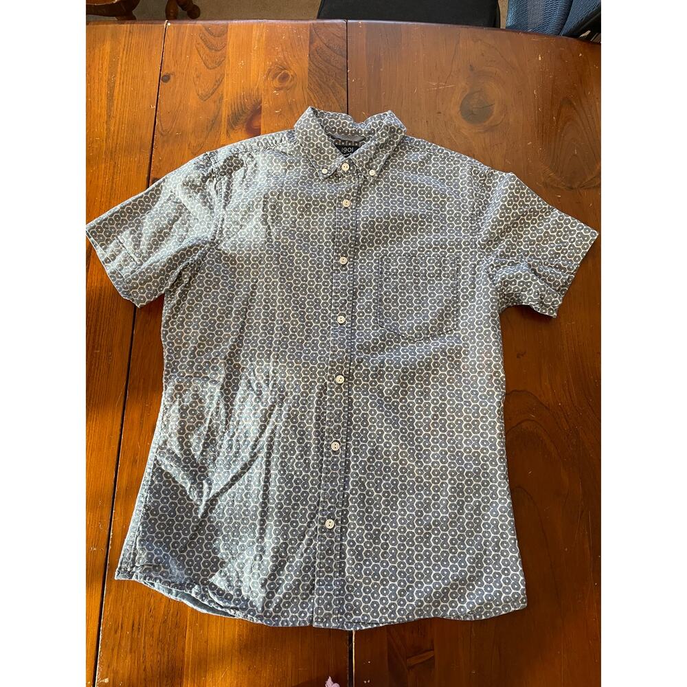 1901 Mens Medium Polo Short Sleeve Button Down All Cotton Regular Blue White